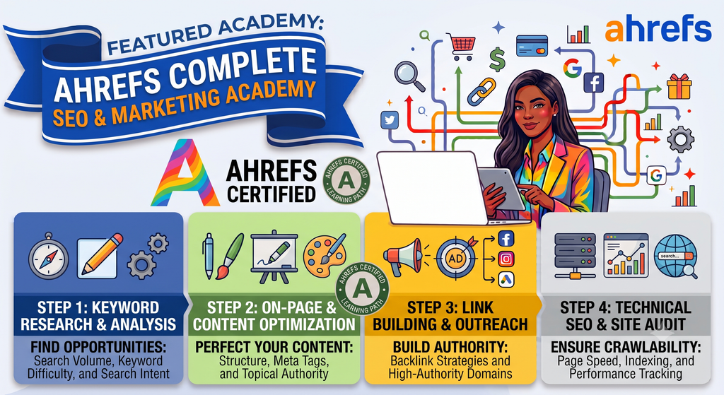 Ahrefs Academy banner for free SEO training covering keyword research and technical audits