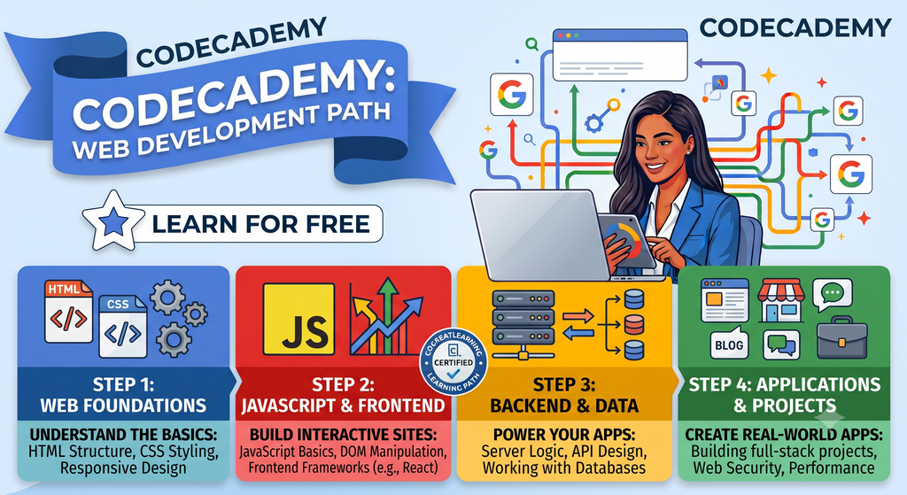 Codecademy free web development course banner covering front-end, back-end and full-stack skills