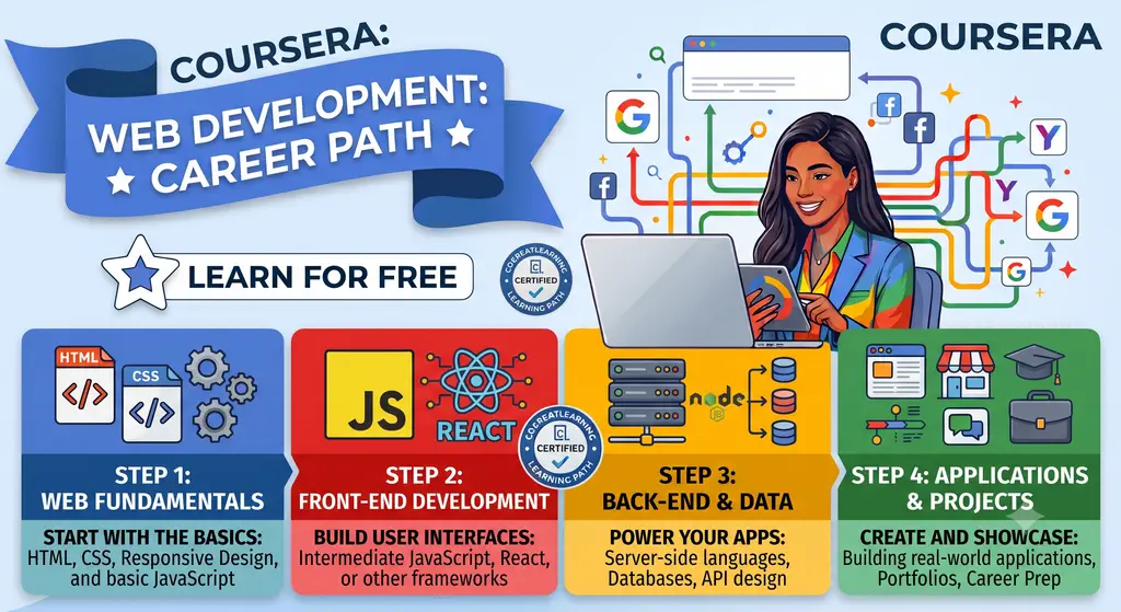 Coursera free web development courses banner covering front-end, back-end and real-world projects