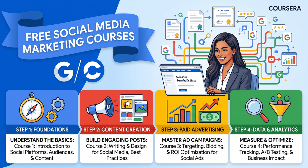 Coursera free Social Media Marketing course banner covering foundations, content creation, paid advertising and analytics