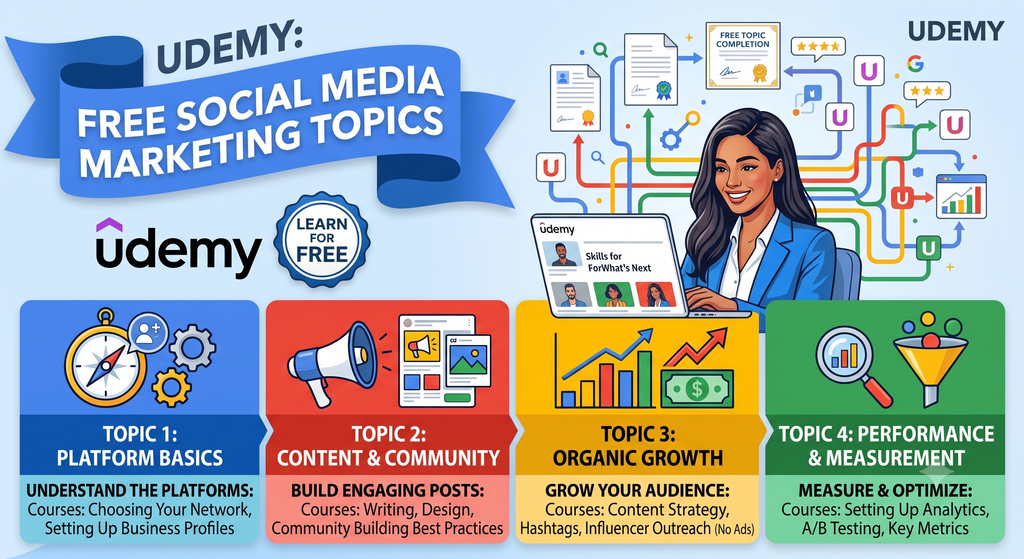 Udemy free Social Media Marketing topics banner covering platform basics, organic growth and optimization