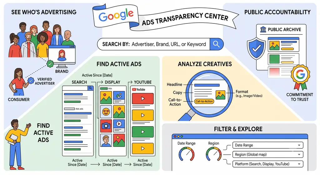 Google Ads Transparency Center banner for studying real advertiser campaigns