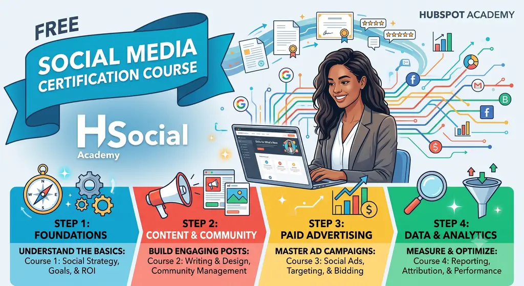 HubSpot Academy free Social Media Marketing certification course banner covering fundamentals, paid ads and analytics