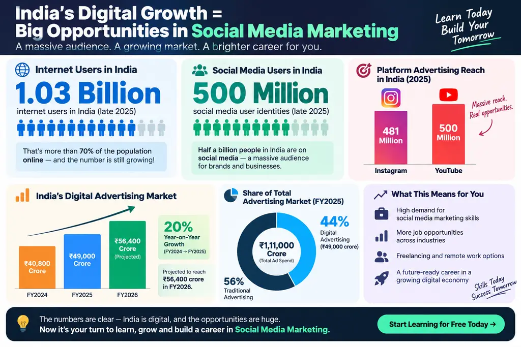 Infographic showing India's digital growth in 2026: 1.03 billion internet users, 500 million social media users, and platform advertising reach for Instagram and YouTube