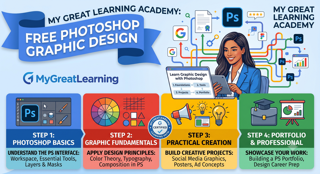 Great Learning Academy free Photoshop and Graphic Design course banner covering Photoshop basics and design principles