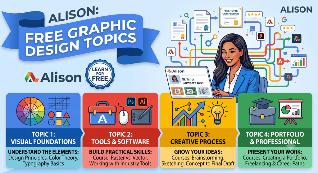 Alison free Graphic Design course banner covering core design skills, tools and creative processes