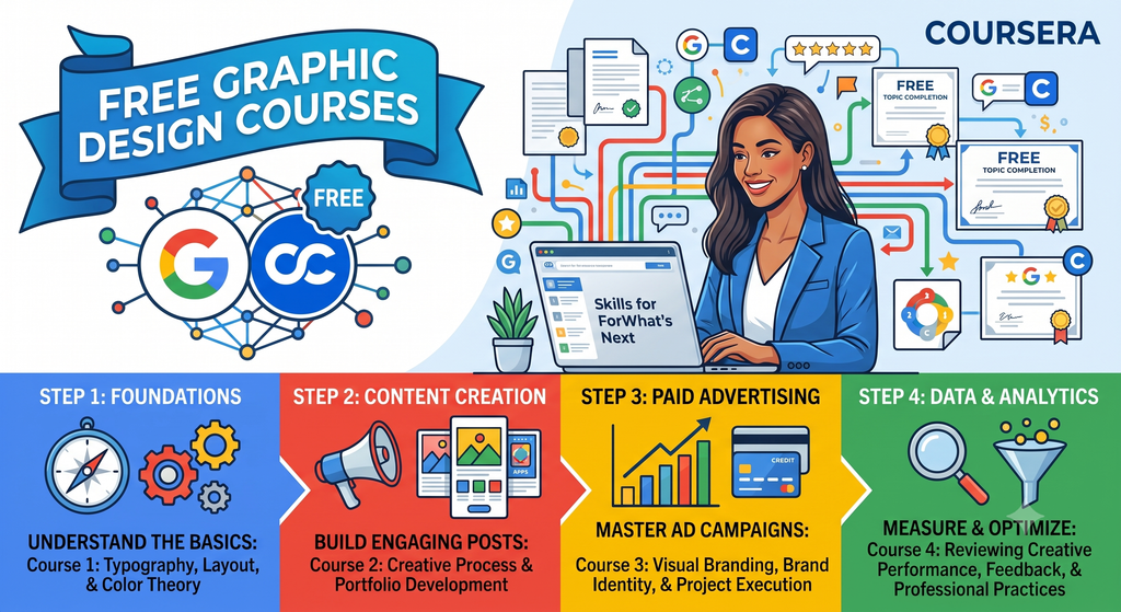 Coursera free Graphic Design course banner covering design fundamentals, portfolios and branding