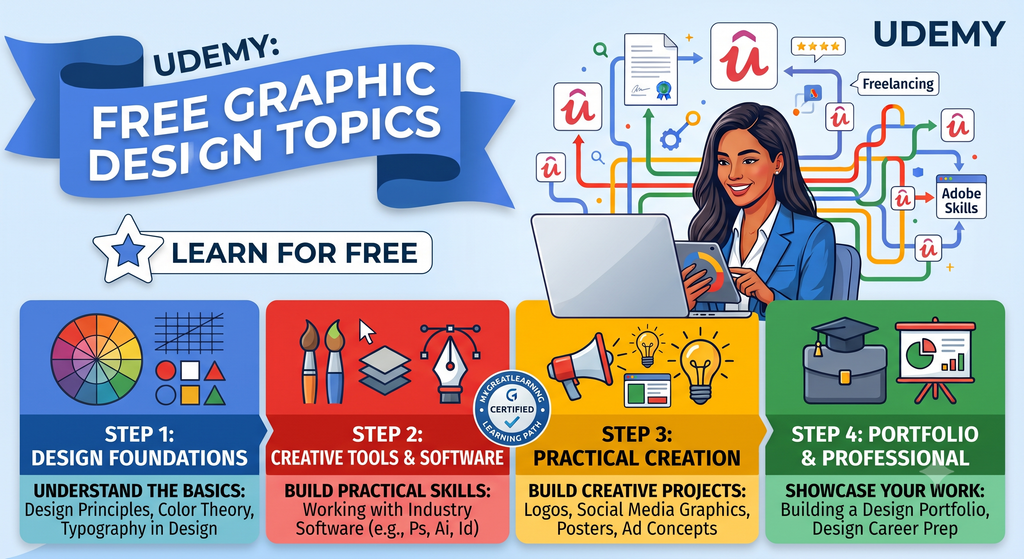 Udemy free Graphic & Video Designing course banner covering design fundamentals, Photoshop, illustration and typography
