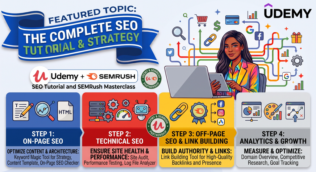 SEO Tutorial Udemy course banner covering SEO and SEMrush tools