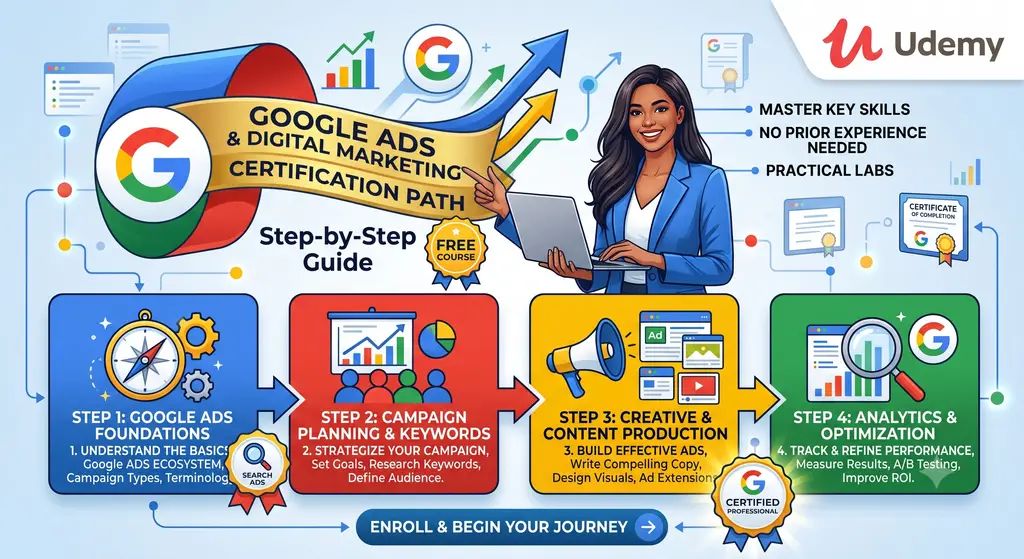Udemy free Google Ads course banner covering campaign setup and management